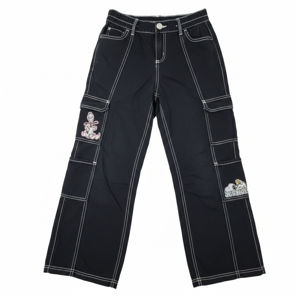 Justice Black Cargo Jeans with White Stitching